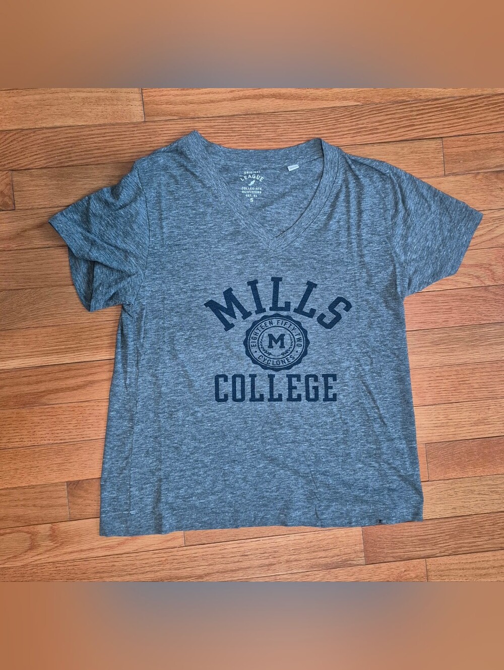 MILLS College Gray V-Neck Graphic Tee